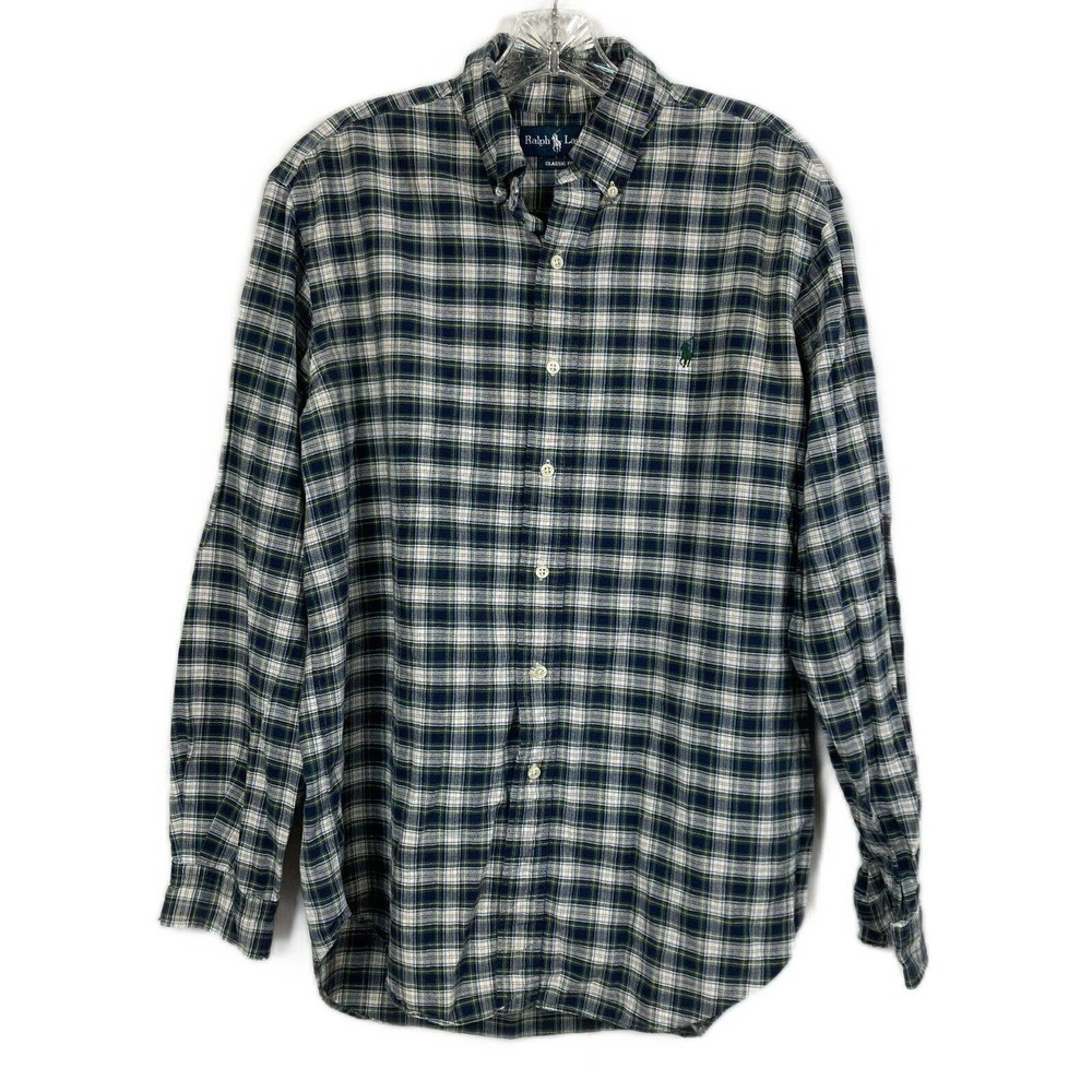 Ralph Lauren Shirt Mens Sz L Classic Fit Blue Tartan Plaid Cotton Button Up